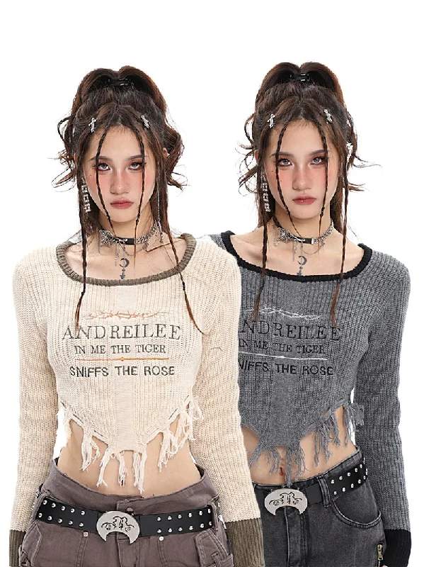 ANDREILEE Letter Embroidery Distressed Tassel Long Sleeve Cropped Sweater Top Tailored Straight A-Line ANDREILEE Letter Embroidery Distressed Tassel Long Sleeve Cropped Sweater Top Tailored Straight A-Line