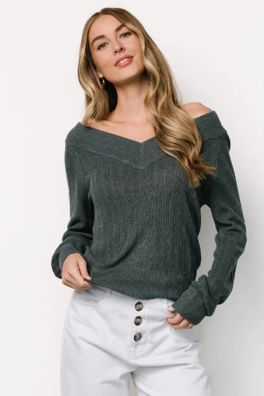 Ashby V Neck Sweater Top | Balsam Hooded Caped Shawl Collar