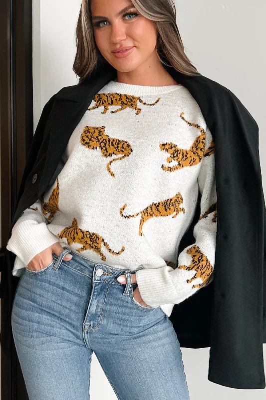 Bad Cattitude Tiger Print Sweater (Ivory) Nylon Fabric Polyester Fabric Spandex Fabric Bad Cattitude Tiger Print Sweater (Ivory) Nylon Fabric Polyester Fabric Spandex Fabric