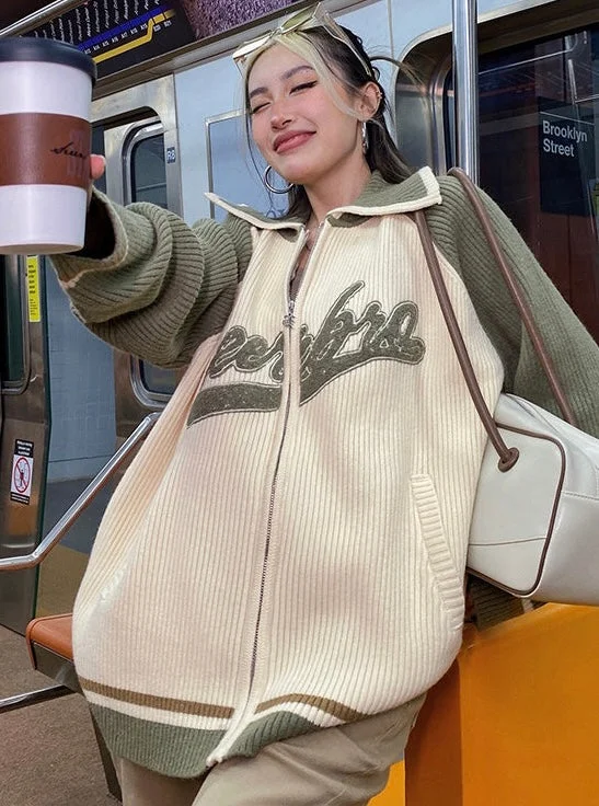 Beerbro Embroidery Letter Ribbed Patchwork Long Sleeve Zip Up Sweater Sweater Knitwear Pullover Beerbro Embroidery Letter Ribbed Patchwork Long Sleeve Zip Up Sweater Sweater Knitwear Pullover