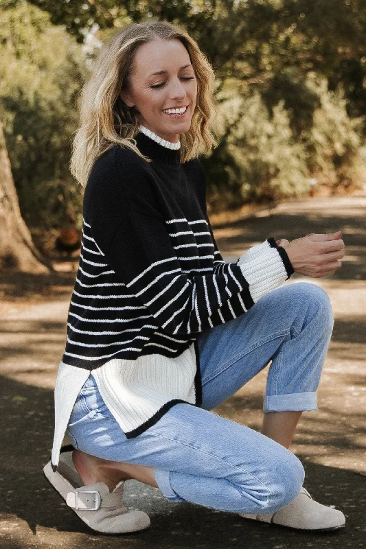 Benedict Stripe Knit Sweater | Black + Cream Toggled Drawstring Belted