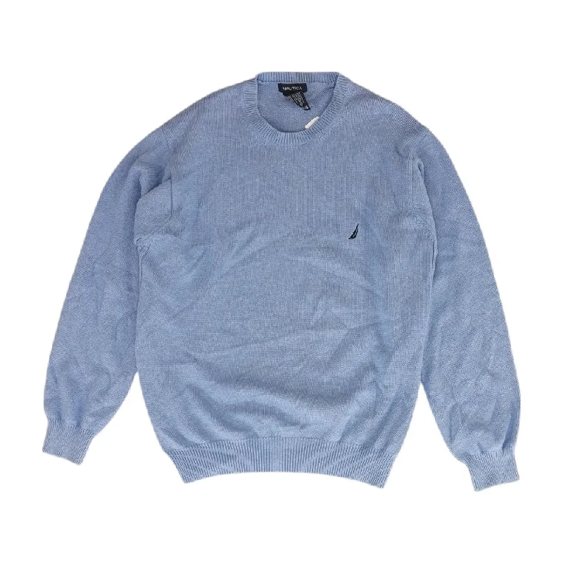Blue Solid Crewneck Sweater Fleece Sweater Nylon Polyester