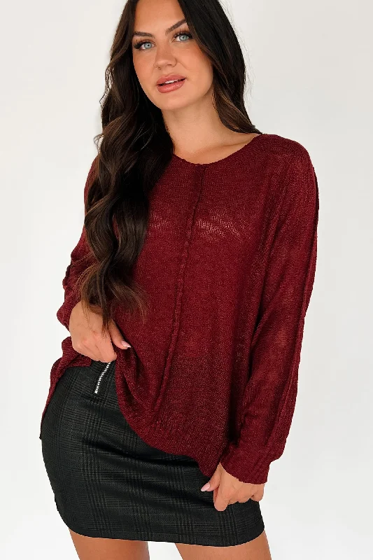 Boyer Lightweight Sweater Top (Burgundy) Zippered Front Buttoned Front Snap Front