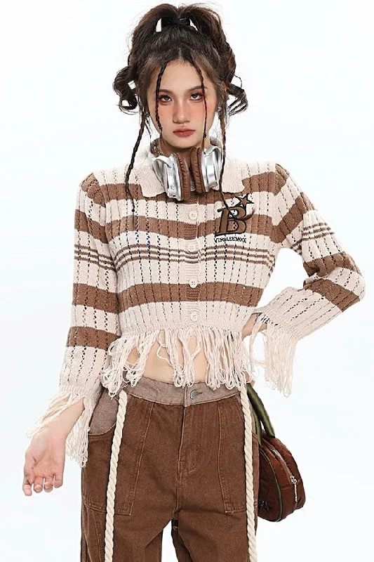 BStar Stripe Long Sleeve Tassel Cropped Button Up Knitted Sweater Top Wool Fabric Cashmere Fabric Tweed Fabric BStar Stripe Long Sleeve Tassel Cropped Button Up Knitted Sweater Top Wool Fabric Cashmere Fabric Tweed Fabric