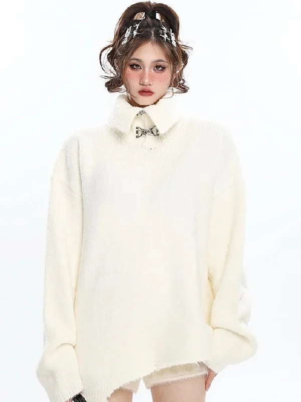 Cameron Solid Color Apricot Shirt Collar Turtleneck Long Sleeve Sweater Satin Blend Silk Blend Wool Blend