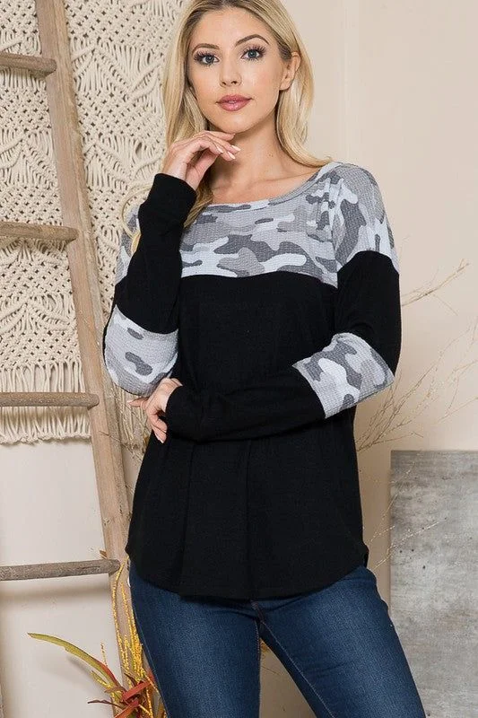 Camouflage Contrast Sweater Knit Tailored Straight A-Line