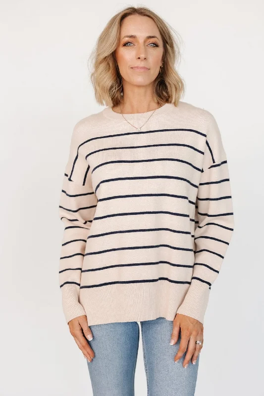 Colmar Striped Sweater | Cream + Navy Solid Print Embellished