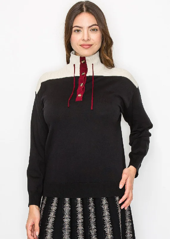 Colorblock Mock Neck Sweater Polka Dot Checkered Tartan