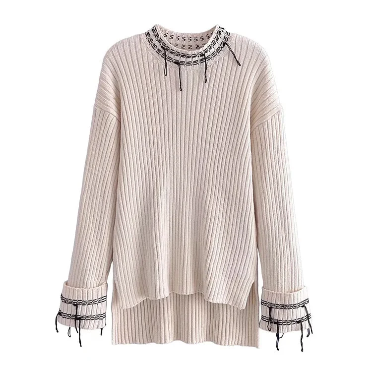 Crew neck curled sleeve stitched decorative sweater 7304 Iron Safe Non-Iron Wrinkle Free Crew neck curled sleeve stitched decorative sweater 7304 Iron Safe Non-Iron Wrinkle Free