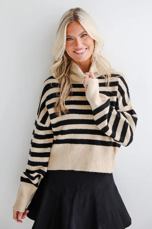 Cuddly Approach Striped Turtleneck Sweater Solid Print Embellished