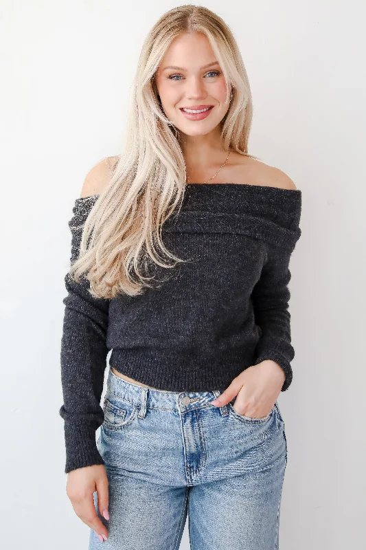 Dazzling Coziness Charcoal Off-The-Shoulder Sweater - DOORBUSTER Collared Crew Neck Turtle Neck Dazzling Coziness Charcoal Off-The-Shoulder Sweater - DOORBUSTER Collared Crew Neck Turtle Neck