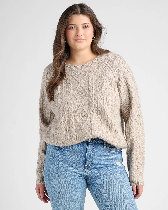 Plus Size Embellished Cable Crew Sweater Welt Pockets Slit Pockets Flap Pockets