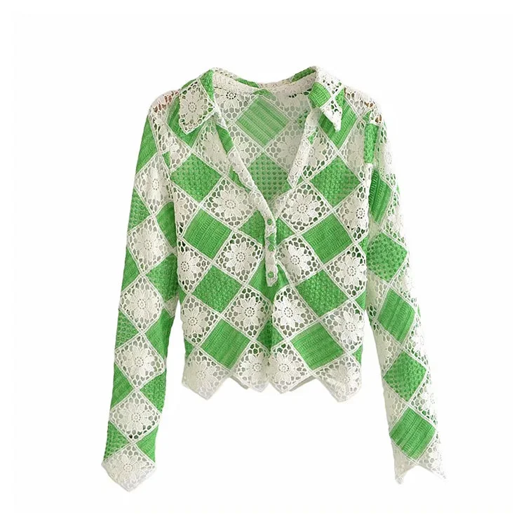 Flower Crochet top short cut out sweater 7278 Zippered Front Buttoned Front Snap Front Flower Crochet top short cut out sweater 7278 Zippered Front Buttoned Front Snap Front