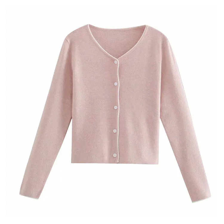 French V-neck lace contrast slim fit short knit sweater 7263 Elegant Classic Vintage French V-neck lace contrast slim fit short knit sweater 7263 Elegant Classic Vintage