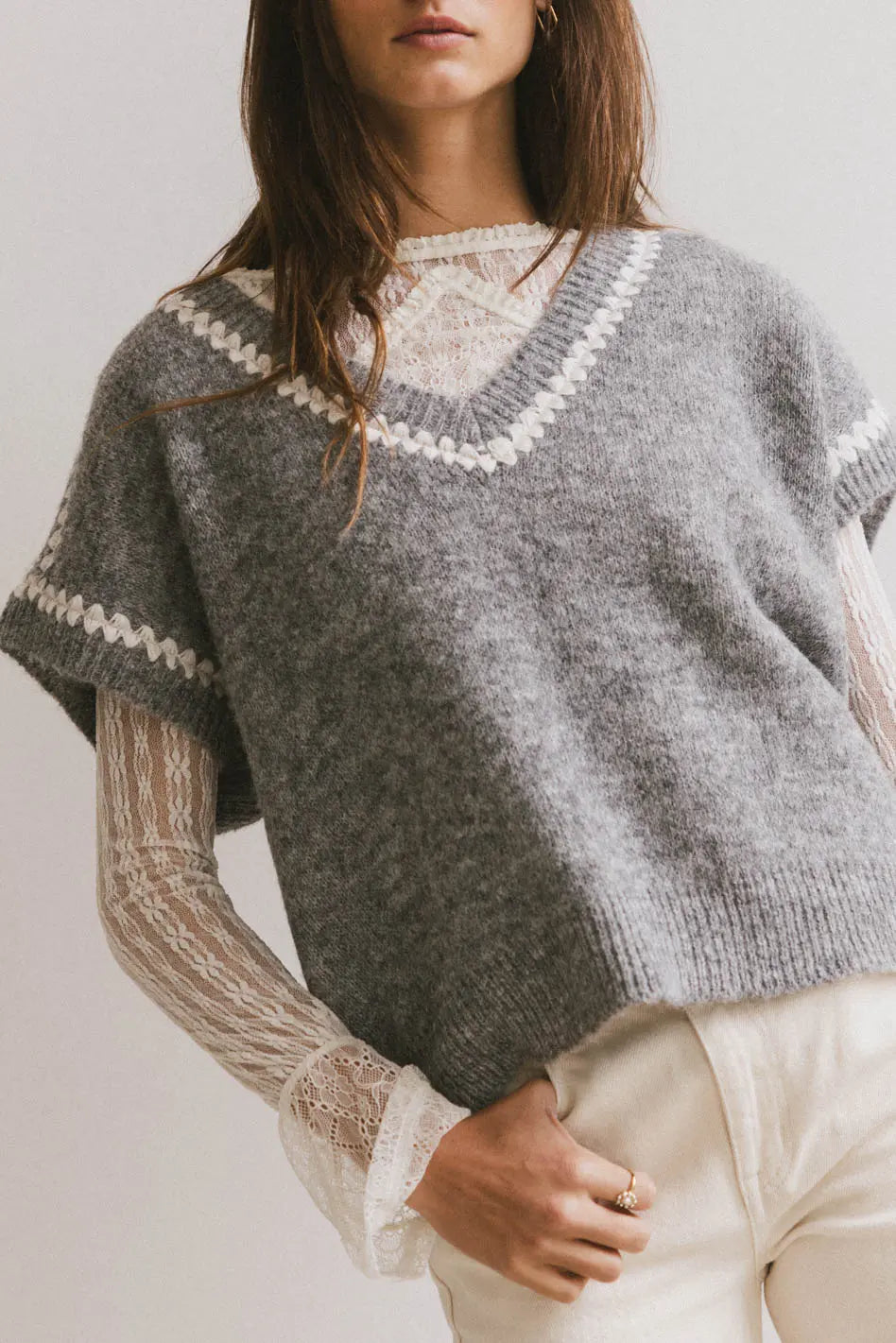 Hazel Embroidered Sweater Top in Grey Stylish Fashionable Trendy