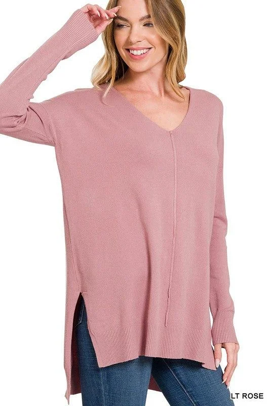 Zenana | Hi Low Hem V Neck Center Seam Sweater Graphic Sweater Embroidered Appliqued Zenana | Hi Low Hem V Neck Center Seam Sweater Graphic Sweater Embroidered Appliqued