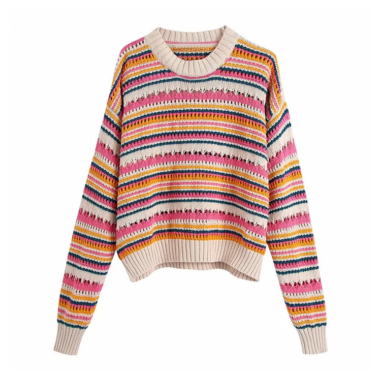 Hollow out color stripe round neck sweater  7255 Print Jacquard Patchwork
