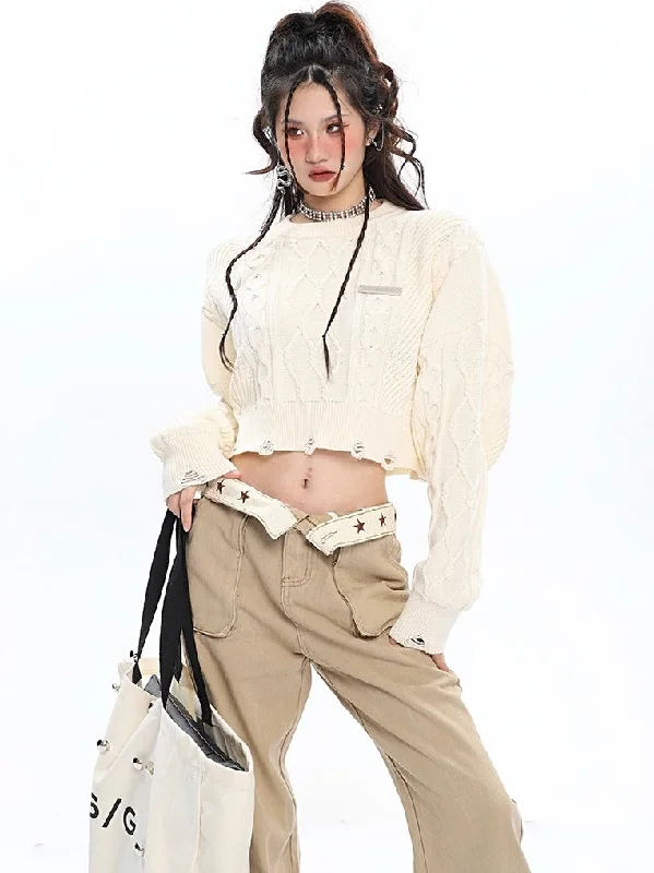 Imani Solid Color Knitted Long Sleeve Cropped Sweater Sweater Knitwear Pullover