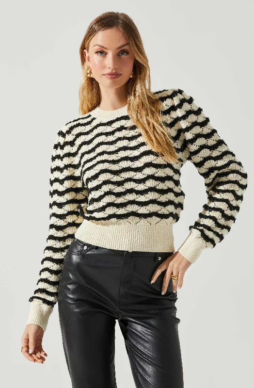 Jaylani Chevron Stripe Pointelle Sweater Denim Fabric Leather Fabric Suede Fabric
