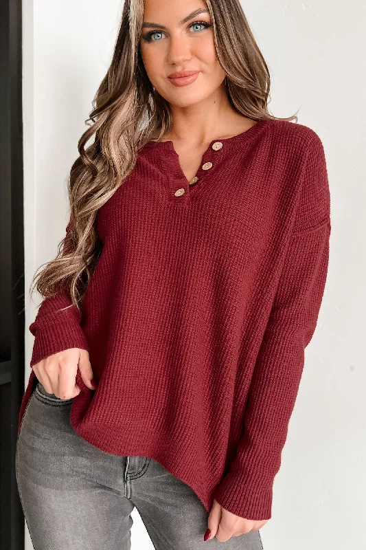 Joni Henley Sweater (Burgundy) Spandex Blend Rayon Blend Denim Blend