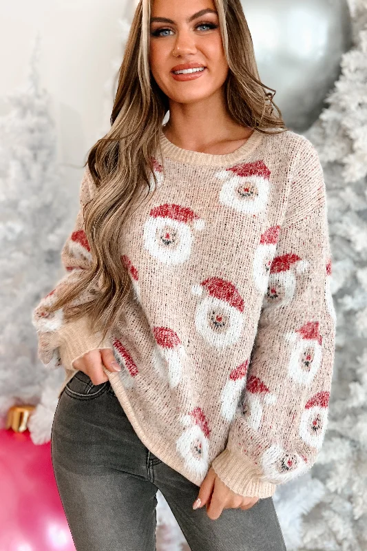Man With The Hat Fuzzy Santa Pattern Sweater (Oatmeal) Fleece Sweater Nylon Polyester Man With The Hat Fuzzy Santa Pattern Sweater (Oatmeal) Fleece Sweater Nylon Polyester
