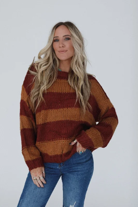 Nash Striped Knit Sweater - Camel Boat Neck Shawl Collar Notched Collar