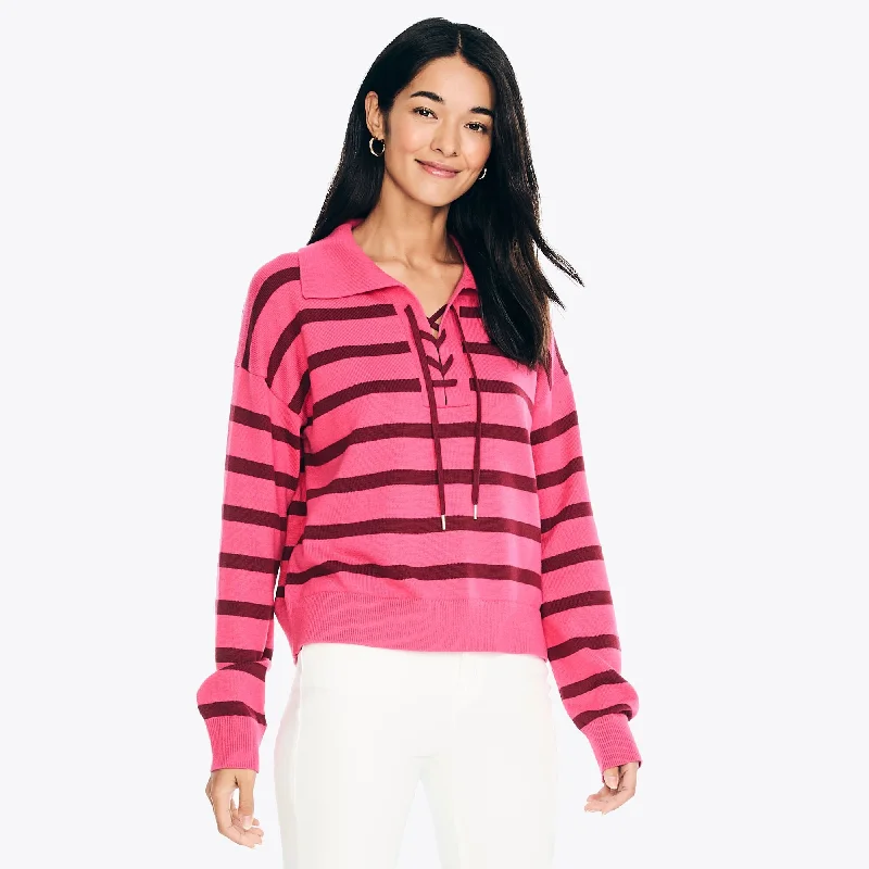 Nautica Womens Striped Lace-Up Sweater Plaid Sweater Polka Dot Checkered