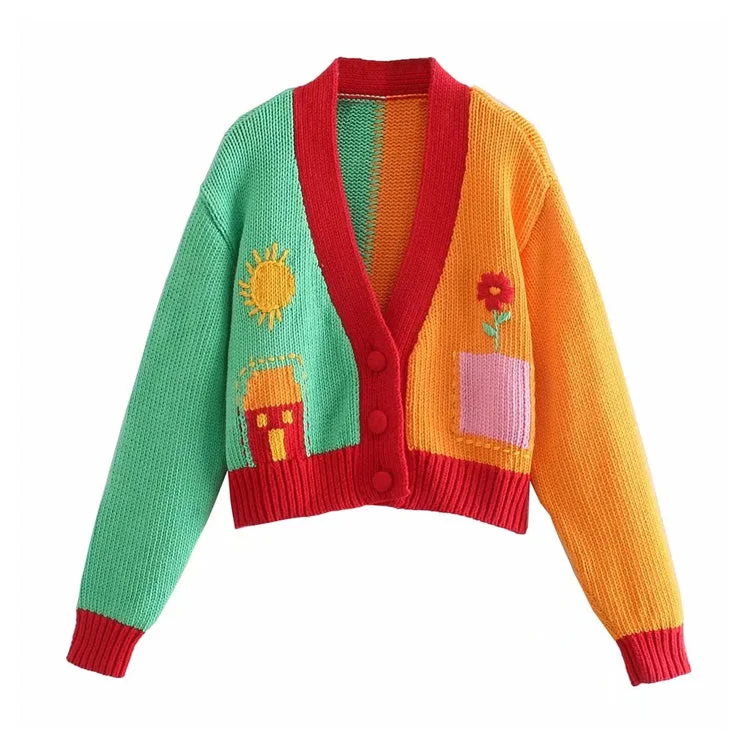 New multi panel contrast embroidered sweater  7268 Terry Terry Cloth Terry Knit