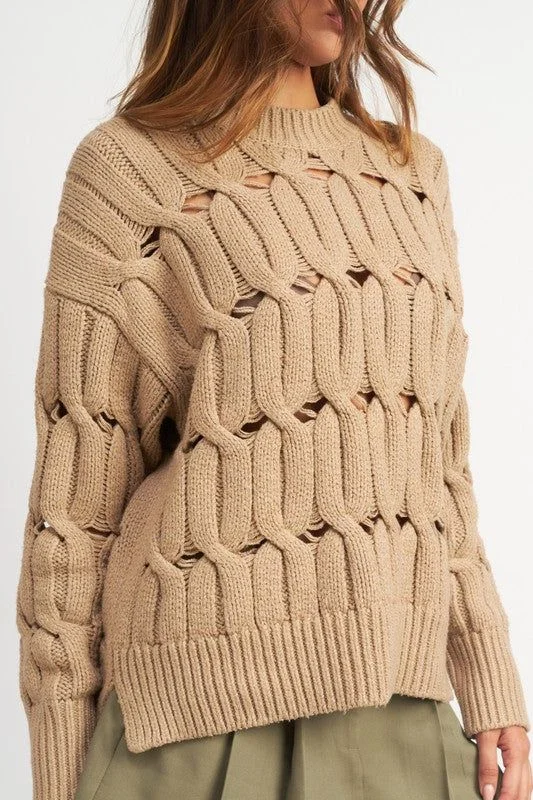 Emory Park | Open Knit Sweater With Slits High Neck Crew Neck V-Neck
