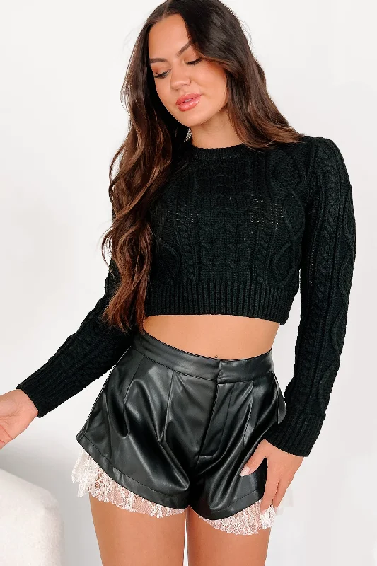 Pay It Forward Cable Knit Crop Sweater (Black) Terry Blend Velvet Blend Canvas Blend Pay It Forward Cable Knit Crop Sweater (Black) Terry Blend Velvet Blend Canvas Blend