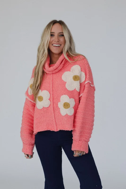 Petal Warmth Sweater - Coral Toggled Drawstring Belted