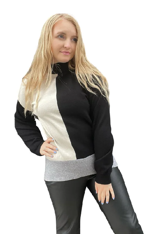 Point Zero Colour Block Mock Neck Sweater Solid Print Embellished