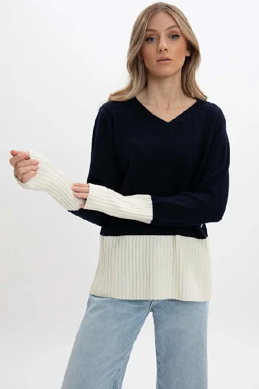 Point Zero Colour Block V-Neck Sweater Toggled Drawstring Belted