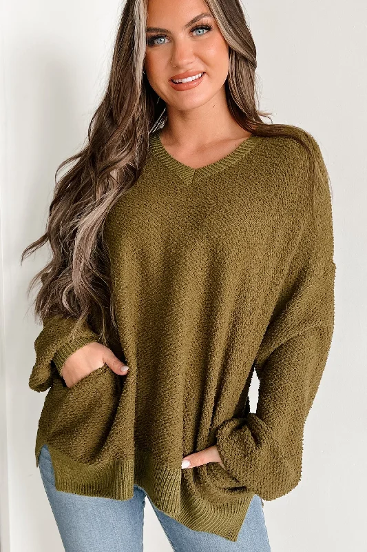 Sincerely Snuggly Hooded Popcorn Texture Sweater (Olive) Oversized Loose Flowy