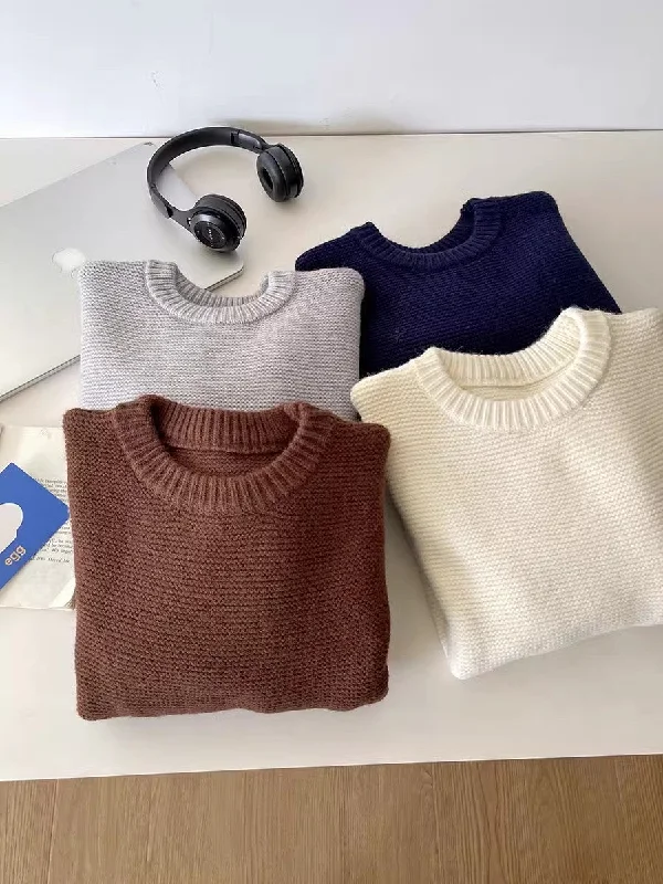 solid color simple long-sleeved round neck knitted sweater S4768 Solid Color Striped Floral Print solid color simple long-sleeved round neck knitted sweater S4768 Solid Color Striped Floral Print
