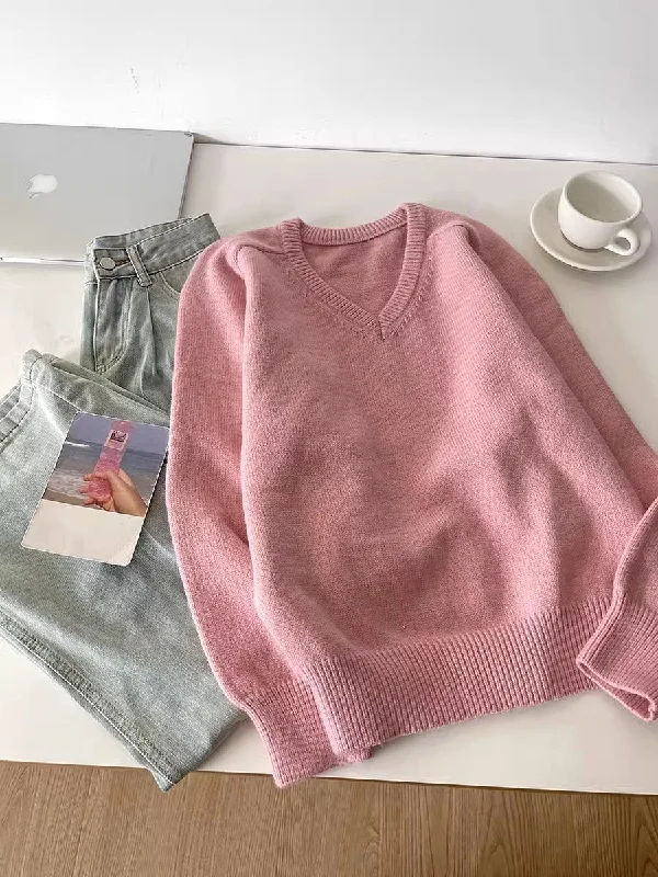 solid color V-neck long-sleeved sweater     S4733 Stretchy Elastic Breathable