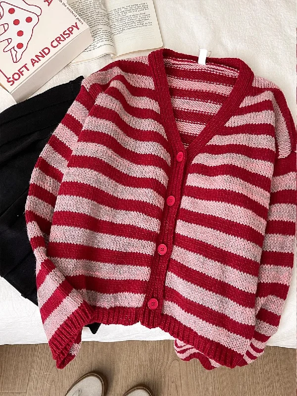 Sweet V-neck striped sweater coat long-sleeved knitted cardigan   S4769 Mesh Blend Leather Blend Suede Blend
