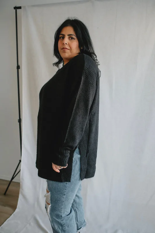 The Kamara Long Sweater - Black Solid Color Striped Floral Print