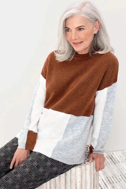 Tribal Colour Block Funnel Neck Sweater Toggled Drawstring Belted