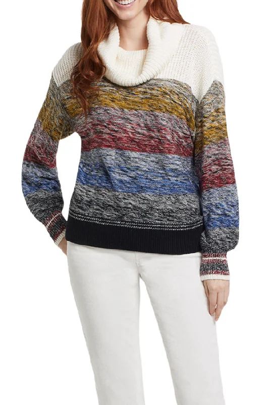 Tribal Striped Knit Cowl Neck Sweater Sequined Glittery Shiny