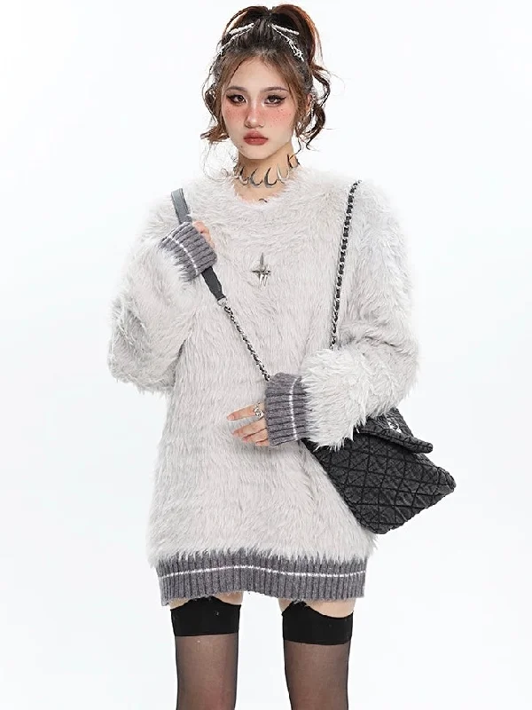 Twinkle Star Fleece Solid Color Patchwork Long Sleeve Sweater Real Fur Shearling Chenille