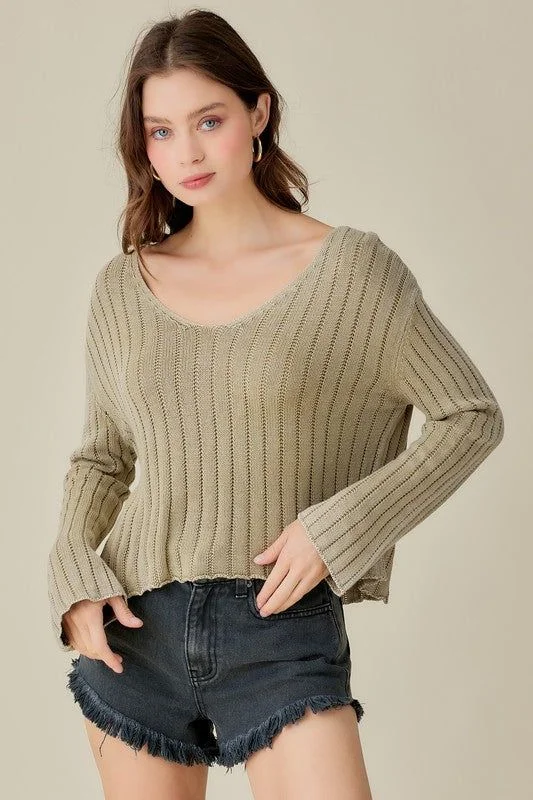Mustard Seed | V Neck Washed Crop Sweater Knit Fabric Woven Fabric Fleece Fabric