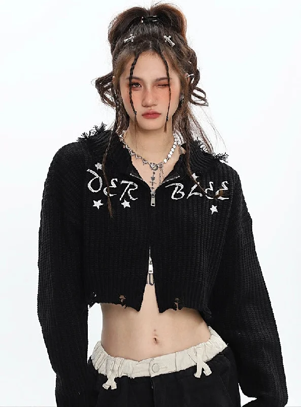 VERBLEE Letter Embroidery Solid Color Knitted Long Sleeve Zip Up Cropped Hooded Sweater Top Print Jacquard Patchwork VERBLEE Letter Embroidery Solid Color Knitted Long Sleeve Zip Up Cropped Hooded Sweater Top Print Jacquard Patchwork