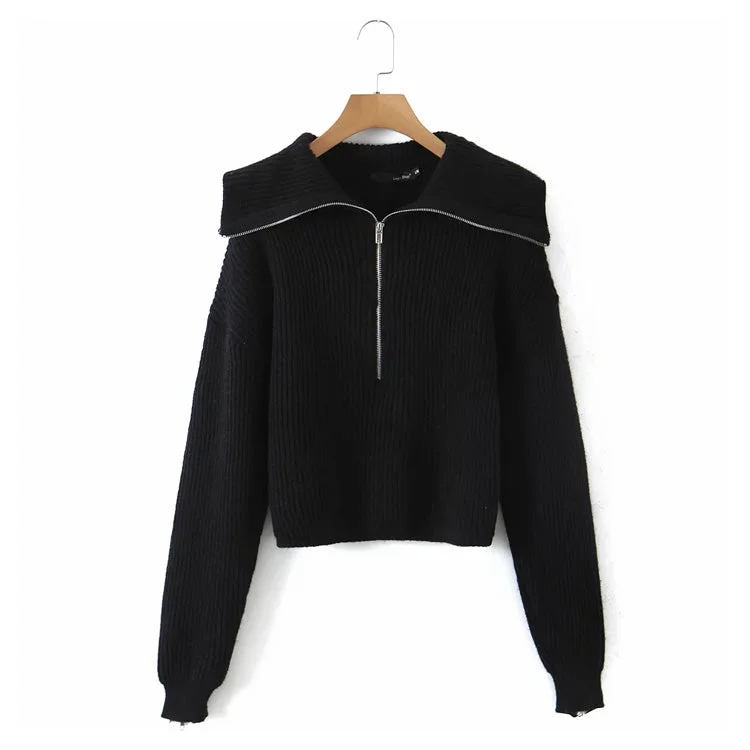 Versatile large lapel zip Pullover Sweater  7283 Cable Knit Ribbed Knit Lace Knit