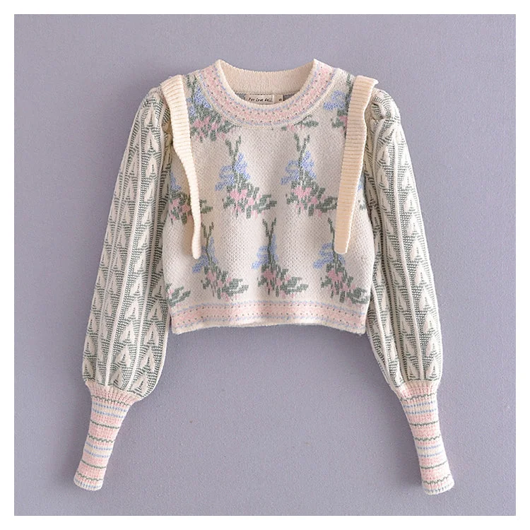 Vintage jacquard sweater womanly open navel bubble sleeve sweater  7296 Fleece Sweater Nylon Polyester