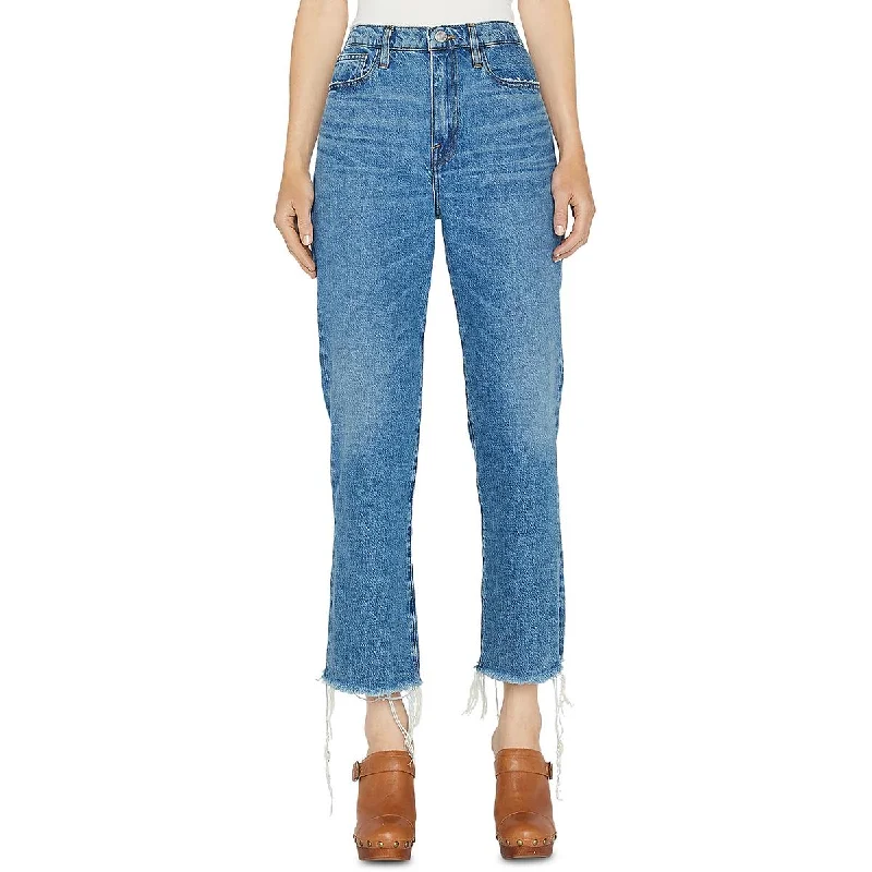Womens Wide Leg Frayed Bottom Cropped Jeans Stylish High-Waist Skinny Denim
