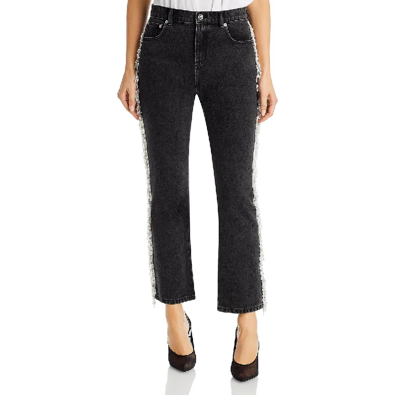 Womens Beaded Fringe Straight Leg Jeans Stylish Acid-Wash Jeans