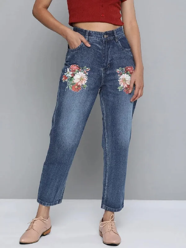 Blue Floral Print Mom Jeans Trendy Cut-Off Denim Shorts