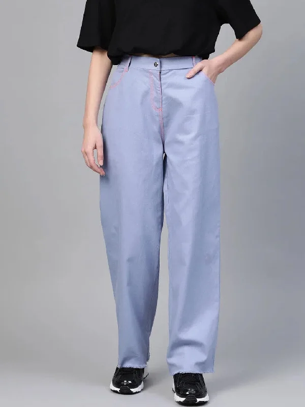Blue With Neon Pink Contrast Stitch Wide Jeans Fashionable Raw Hemmed Jeans