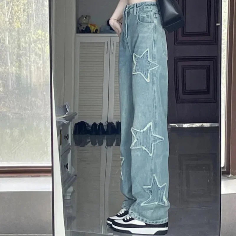 High Waist Slim Wide Leg Cargo Pants Women Star Patchwork Simple All-match Jeans Comfortable Zip-Fly Denim Jeans High Waist Slim Wide Leg Cargo Pants Women Star Patchwork Simple All-match Jeans Comfortable Zip-Fly Denim Jeans